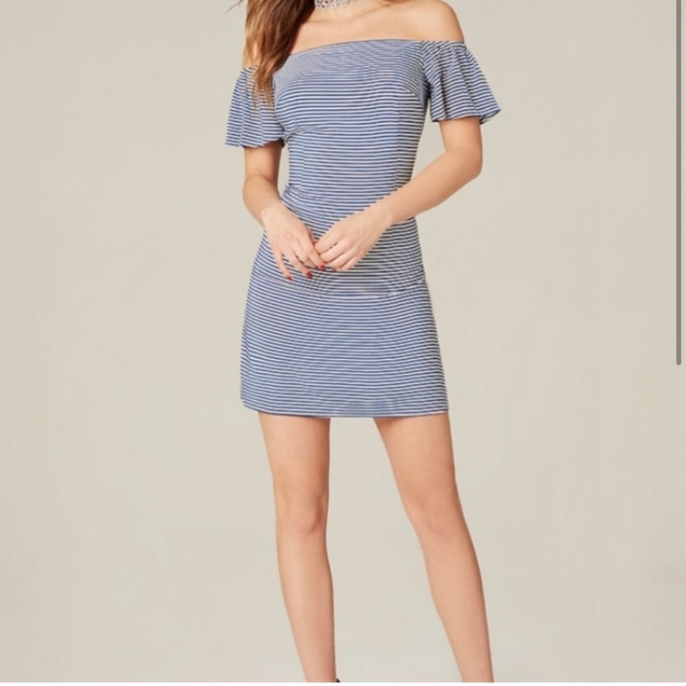 Bebe striped off shoulder dress